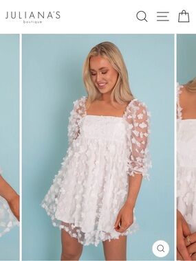 White 3D Floral Mini Dress with Sheer Puff Sleeves